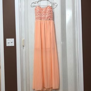 peach maxi dress with chevron design